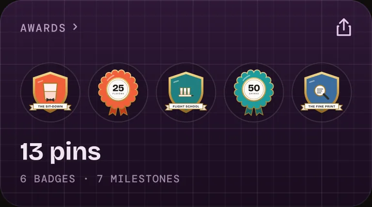 The Awards card from the app: a row of enamel pins, with badges and milestones counted beneath.