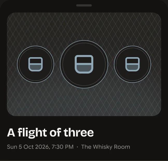 A journal entry for a flight of three pours at The Whisky Room, with the winning pour drawn larger in the middle.