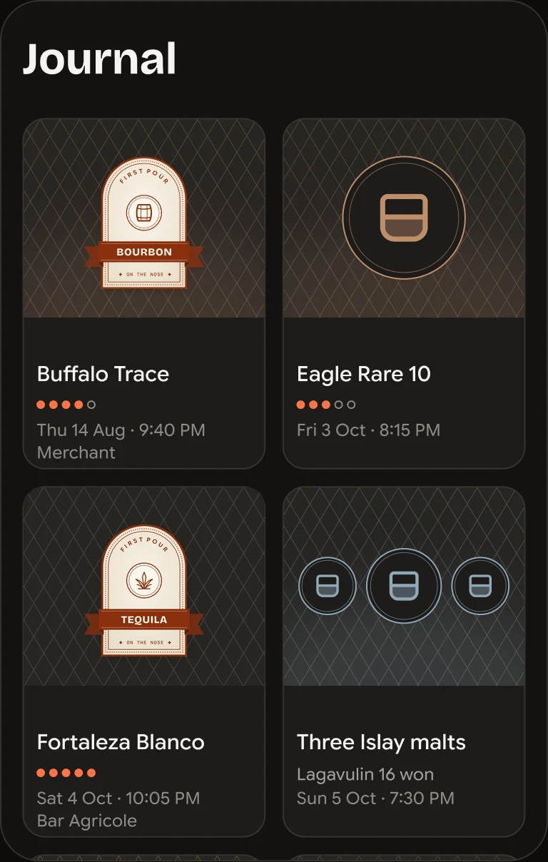 The journal in the app, as a grid of entries: Buffalo Trace with a First Pour bourbon label, Eagle Rare 10, Fortaleza Blanco with a First Pour tequila label, and a flight of three Islay malts.