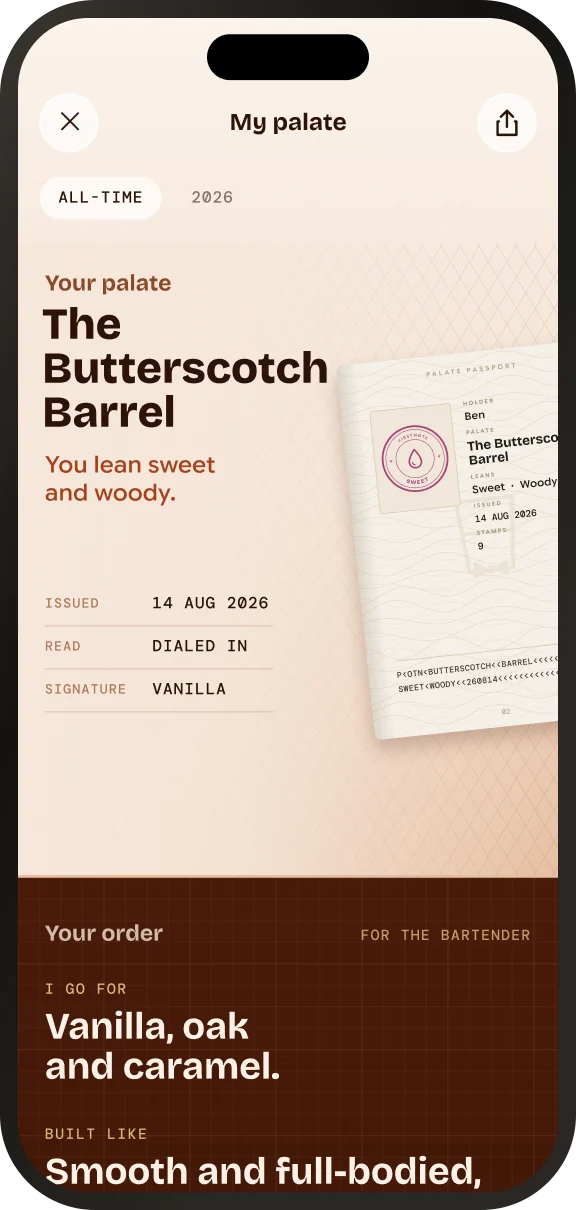 My palate in the app: the palate is named The Butterscotch Barrel, with the line “You lean sweet and woody” and a passport page beside it.