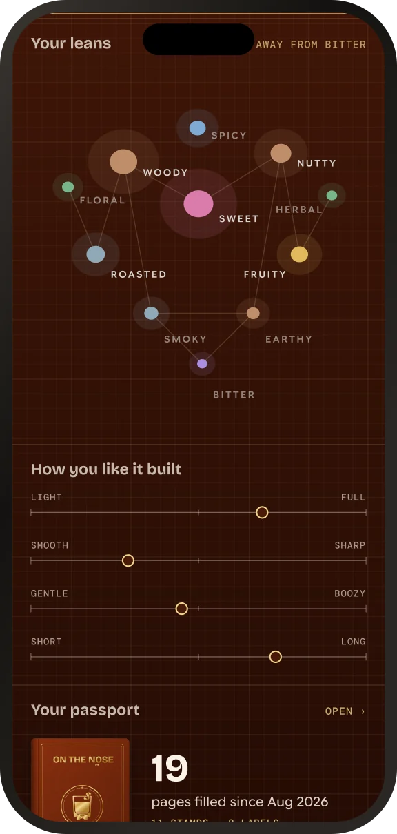 The same page further down: a constellation of flavor leans, and four sliders for how you like a drink built, from light to full and short to long.