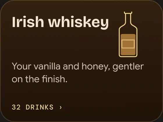A Discover card for Irish whiskey: “Your vanilla and honey, gentler on the finish.”